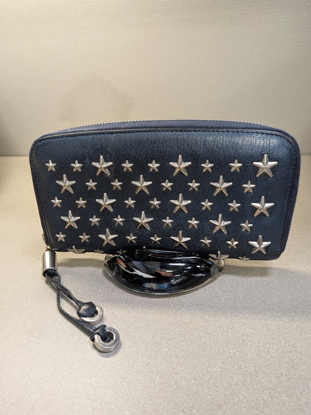 Jimmy Choo Flippa Star-Studded Navy Blue Leather Zip Wallet
